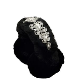 Black Faux Fur Crystal Emblellished Earmuffs Earwarmers Headband Headdress
